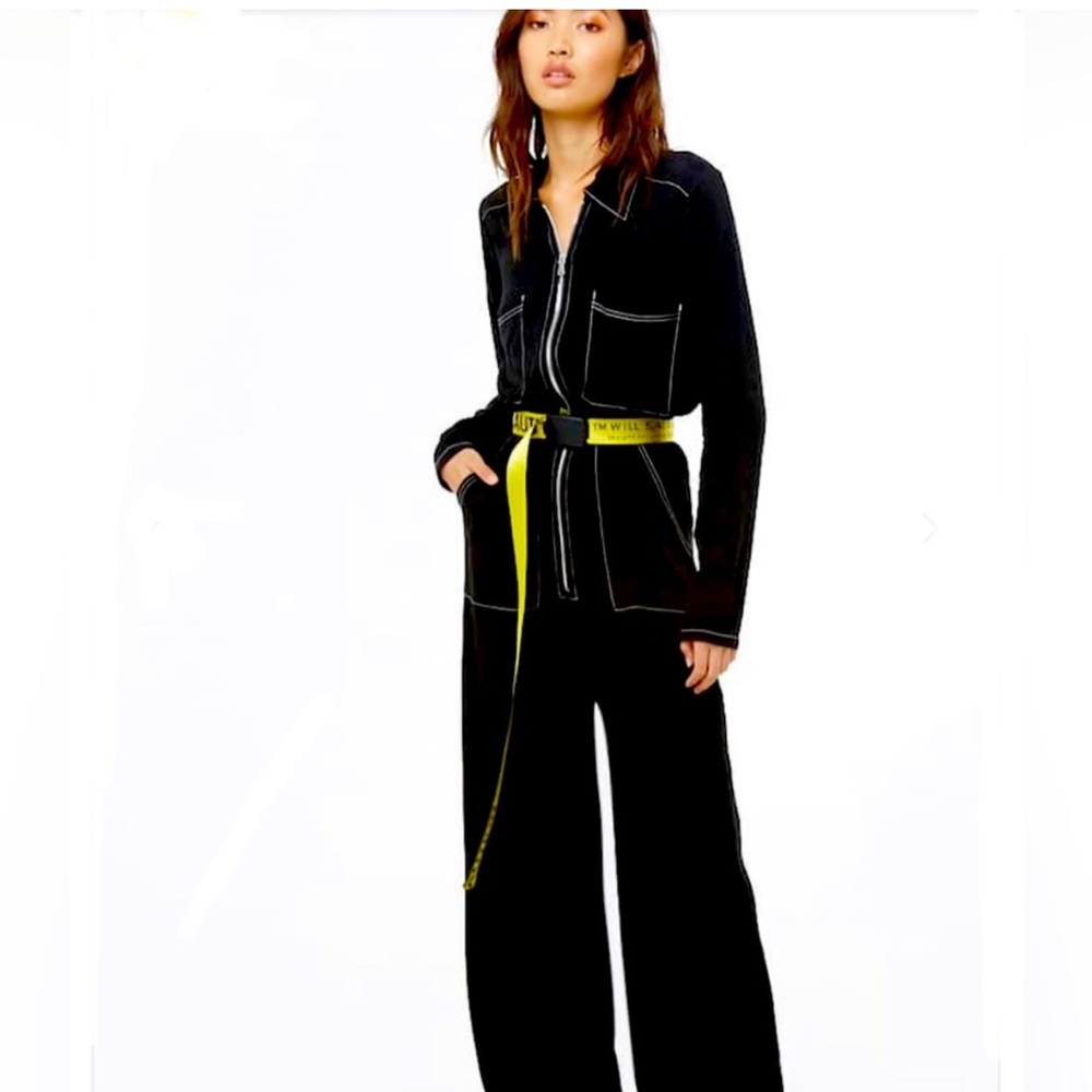Forever 21 Black Zip-Up Utility Jumper, Long Sleeve, Collared, Elastic Waist